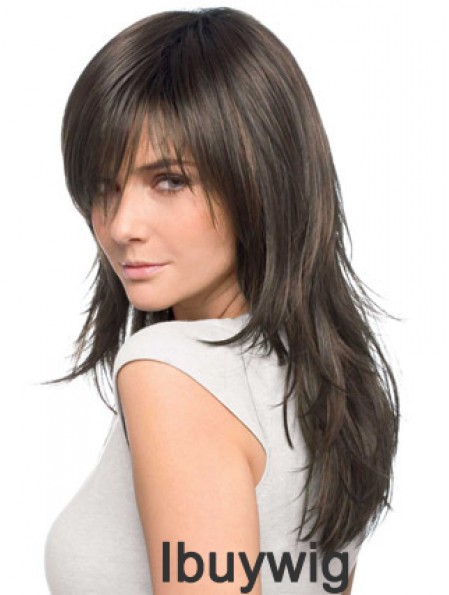 Ibuywig Best Quality Realistic Brown Straight Remy Human Hair Easy Long Wigs With Bangs