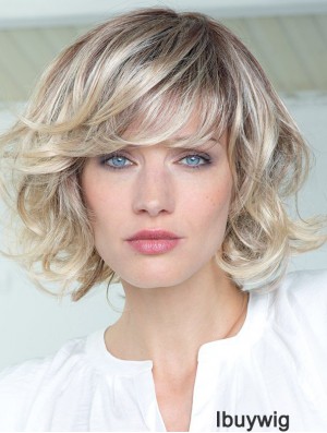 Human Hair Curly Wigs With Bangs Monofilament Shoulder Length Blonde Color