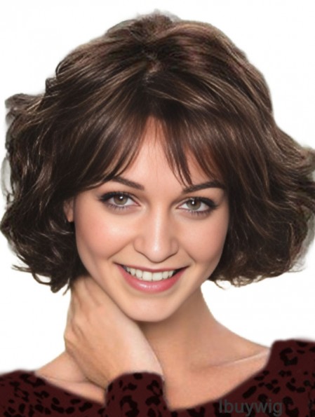 Lace Wig With Bangs Wavy Style Chin Length Brown Color