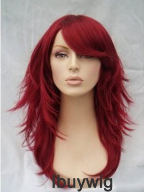 Red Human Hair Wigs Full Wig With Bangs Wavy Style Shoulder Length