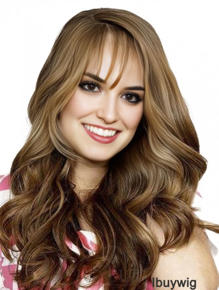 Full Head Human Hair Brown With Bangs Wavy Style