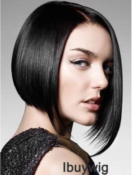 Remy Human Monofilament Chin Length Straight Black Bob Wig