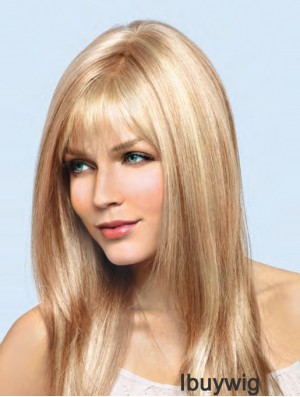 16 inch Blonde Remy Human Straight With Bangs Hand Tied Lace Wigs