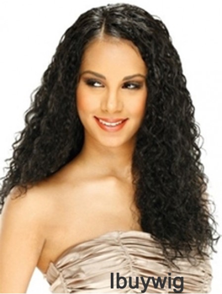 Human Hair Lace Front Wig Curly Style Long Length Black Color