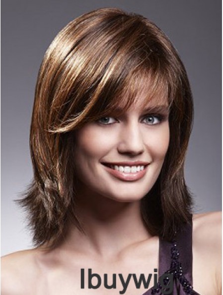 Human Hair Lace Front Wigs With Bangs Brown Color Shoulder Length