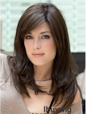 Human Hair Lace Front Wigs With Bangs Brown Color Long Length
