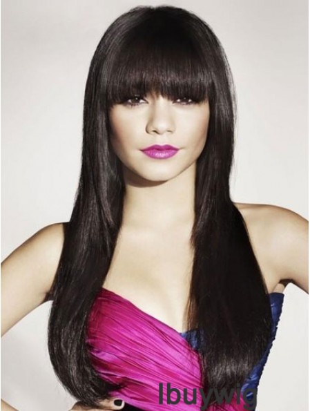 Black Human Hair With Bangs Long Length Straight Style