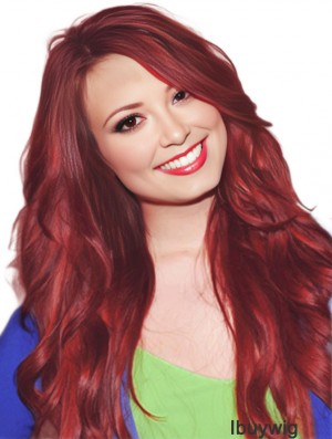 Long Red Wavy Human Hair wigs With Capless Construction For Women