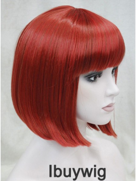 Human Hair Lace Front Wig Chin Length With Bangs Red Color