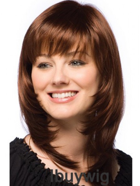 Fashionable Auburn Straight Shoulder Length Human Hair Wigs With Bangs