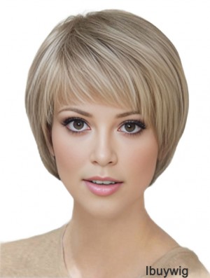 Blonde Short Straight With Bangs Monofilament Wigs