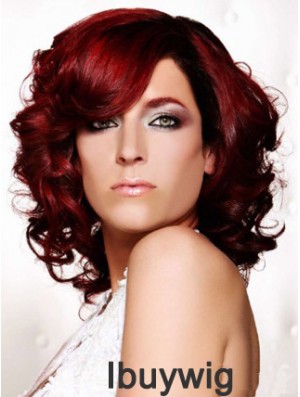 Curly With Bangs Shoulder Length Red Ideal Lace Front Wigs