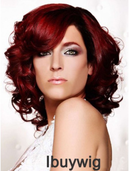 Curly With Bangs Shoulder Length Red Ideal Lace Front Wigs