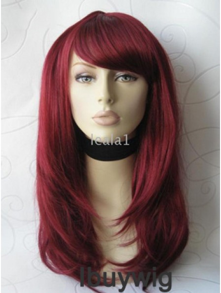 Front Lace Wig With Bangs Long Length Straight Style Red Color