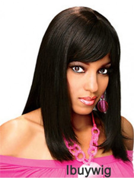 Full Human Hair Wigs With Bangs Full Lace Shoulder Length Black Color