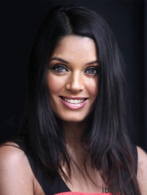 Ideal 16 inch Black Long Without Bangs Straight Lace Wigs
