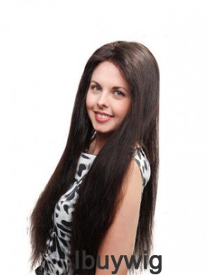 Straight Without Bangs 100% Hand-tied Sleek 26 inch Black Long Wigs