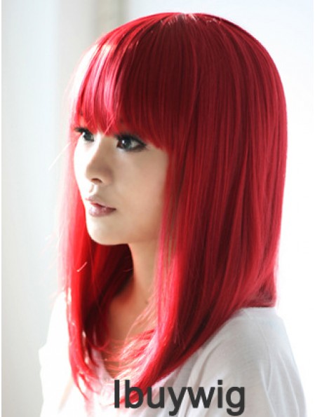 Red Synthetic Wigs With Bangs Shoulder Length Straight Style