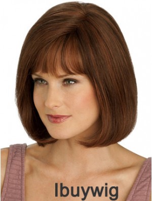 Real Hair Long Bob Wigs With Monofilament Straight Style Auburn Color