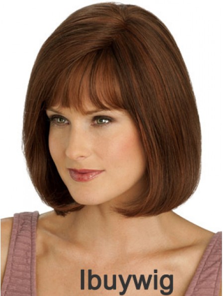 Real Hair Long Bob Wigs With Monofilament Straight Style Auburn Color