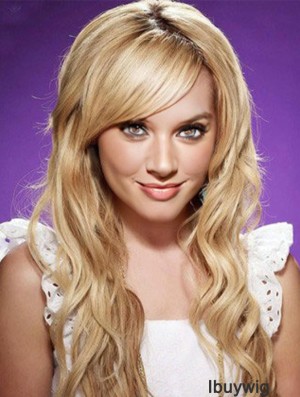 With Bangs Top Wavy Blonde Long Human Hair Lace Front Wigs