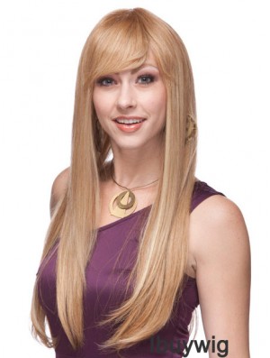 Straight With Bangs Monofilament Blonde Top Long Wigs