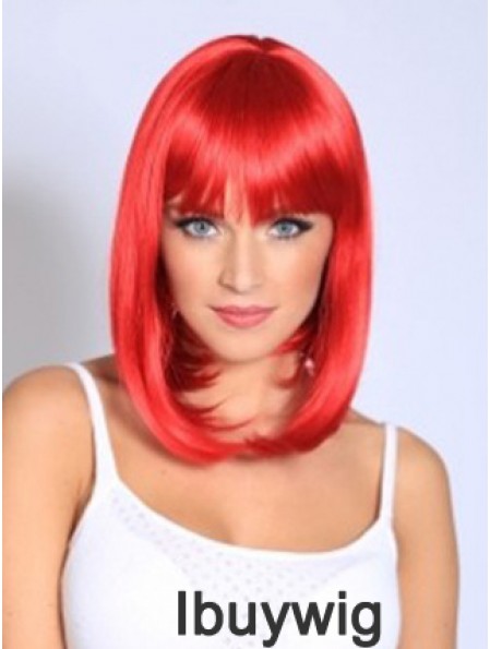 Straight With Bangs Shoulder Length Red Fashionable Lace Front Wigs