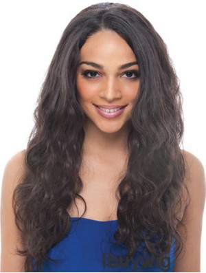24 inch Black Long Without Bangs Wavy Discount Lace Wigs