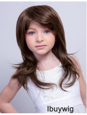 Monofilament 15 inch Straight Long With Bangs Brown Remy Human Hair Kids Wigs Cheap