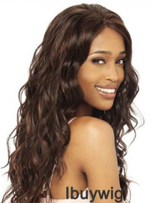 Without Bangs Modern Wavy Brown Long Human Hair Lace Front Wigs