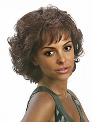 African Wig With Bangs Wavy Style Brown Color Chin Length