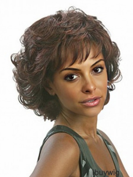 African Wig With Bangs Wavy Style Brown Color Chin Length