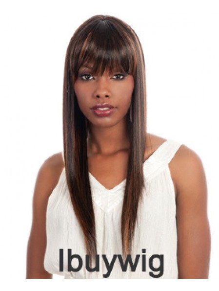 Long Brown Straight With Bangs Ideal African American Wigs