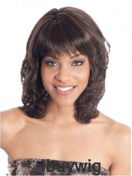 Shoulder Length Brown Wavy With Bangs Fashion African American Wigs