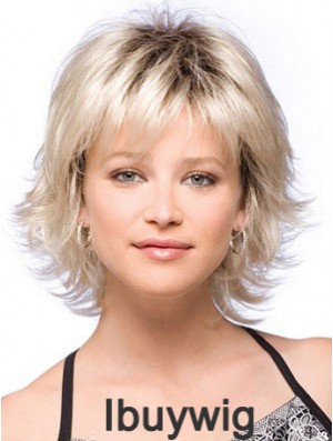 Synthetic Hair Wigs Chin Length With Bangs Blonde Color With Capless