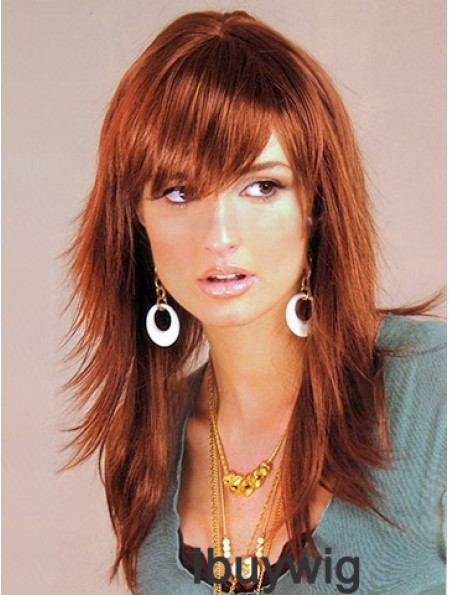 Auburn Color Capless Long Length Layered Cut With Bangs Synthetic Wigs