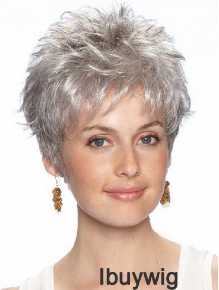 Short Grey Wig With Synthetic Lace Front Wavy Style Grey Cut