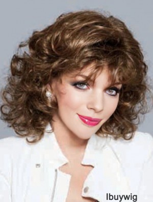 No-Fuss Brown Shoulder Length Curly With Bangs Lace Front Wigs