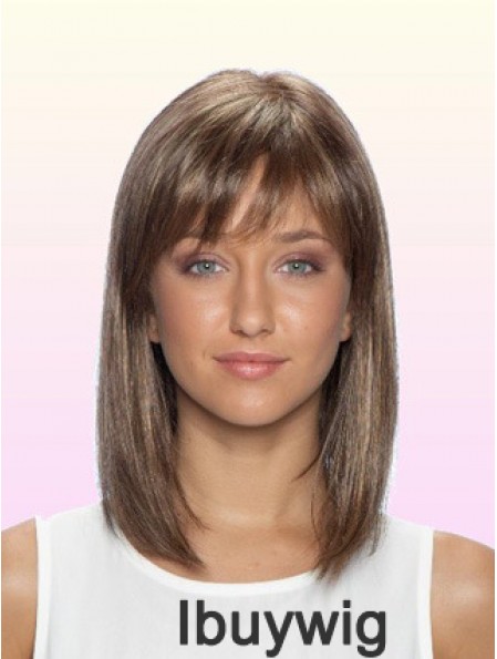 Straight With Bangs Shoulder Length Brown No-Fuss Lace Front Wigs