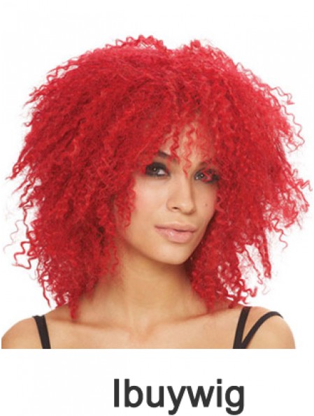 Kinky With Bangs Shoulder Length Red Style Lace Front Wigs