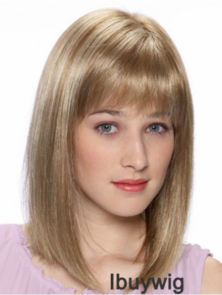 Blonde Shoulder Length Straight With Bangs 14 inch Cheap Medium Wigs