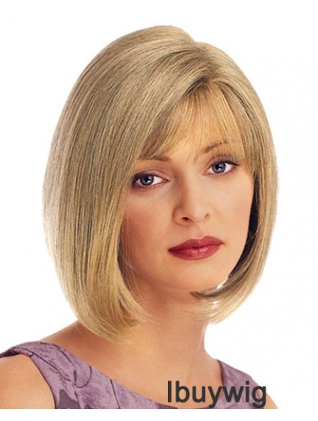 Chin Length Straight Blonde With Bangs UK Cheap Monofilament Wigs