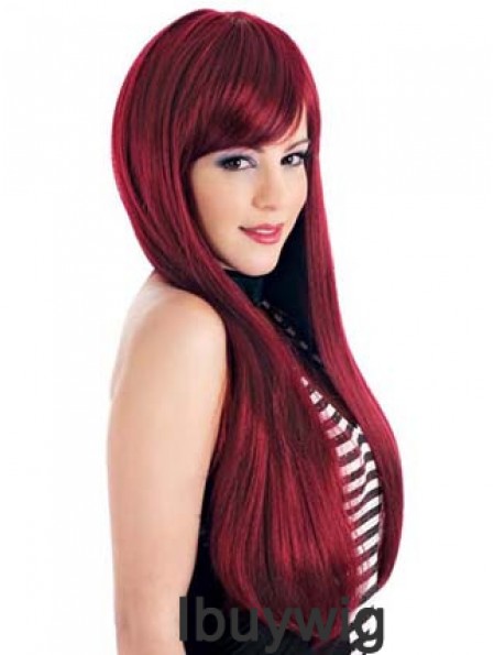 Straight With Bangs Lace Front Ideal 24 inch Red Long Wigs