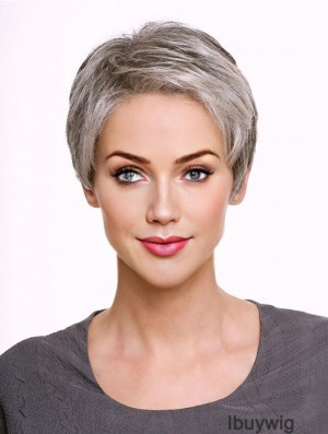 Monofilament 5 inch Cropped Synthetic Straight Grey Wigs