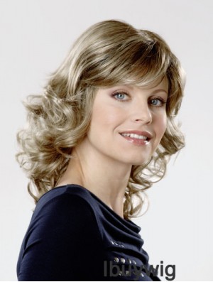 Monofilament Synthetic 14 inch Shoulder Length Curly Blonde With Bangs Cancer Wigs For Women