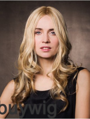 Monofilament Synthetic 17 inch Long Wavy Blonde Without Bangs Cheap Wigs For Cancer Patients