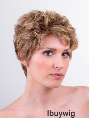 Synthetic Monofilament 6 inch Boycuts Wavy Blonde Short Wigs For Women