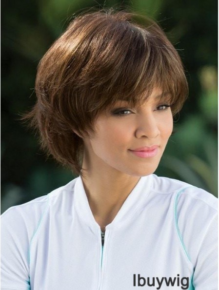 Straight Brown With Bangs 8 inch Mono Top Wigs