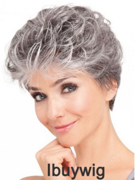 Lace Front Synthetic Grey Short Wavy Elderly Lady Hair Wigs