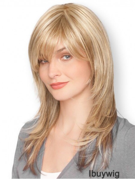 Blonde 16 inch Sleek Long Straight With Bangs Lace Wigs